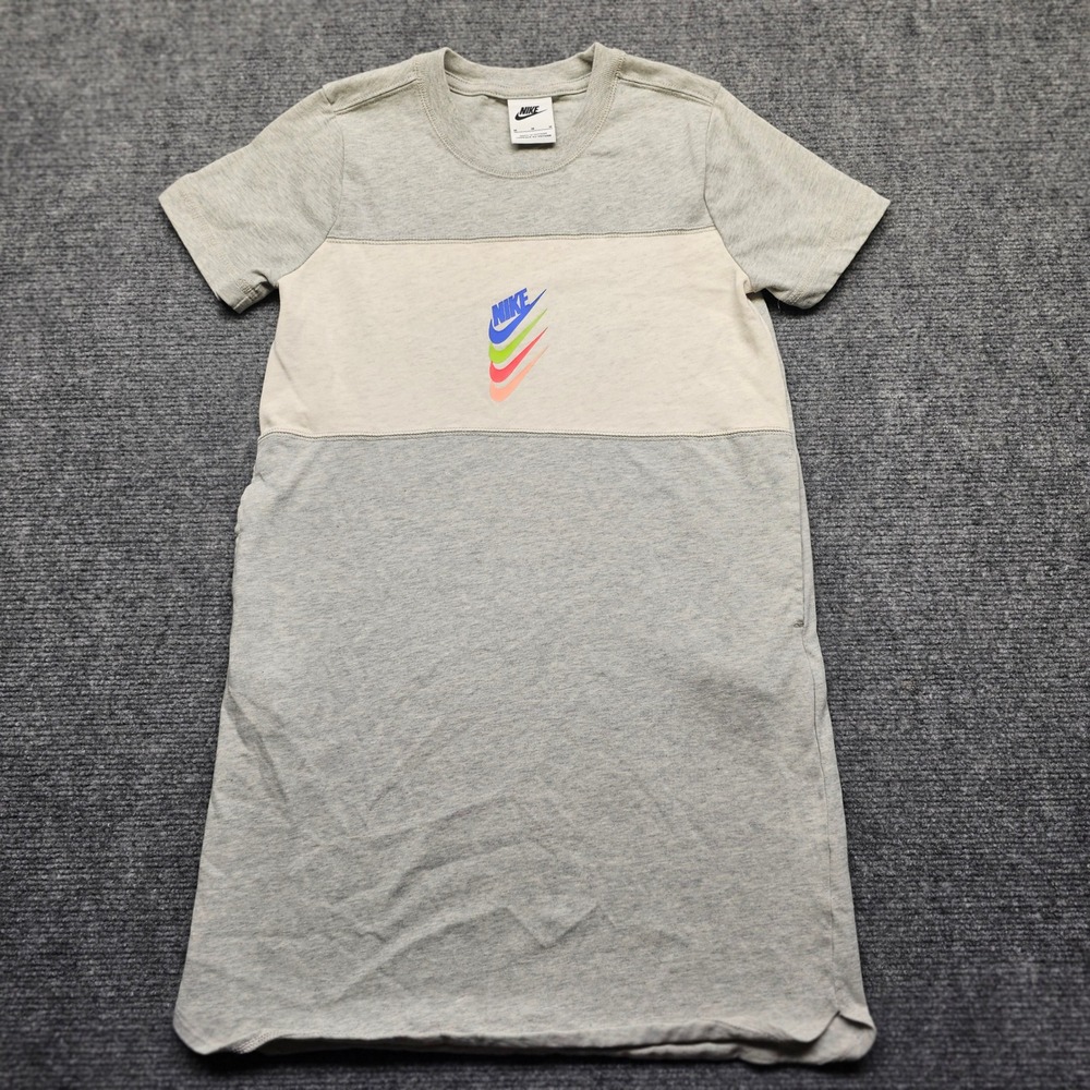 Nike Sportswear Women Grey Colorblock Stacked Swoosh T-Shirt Dress Medium 1973
